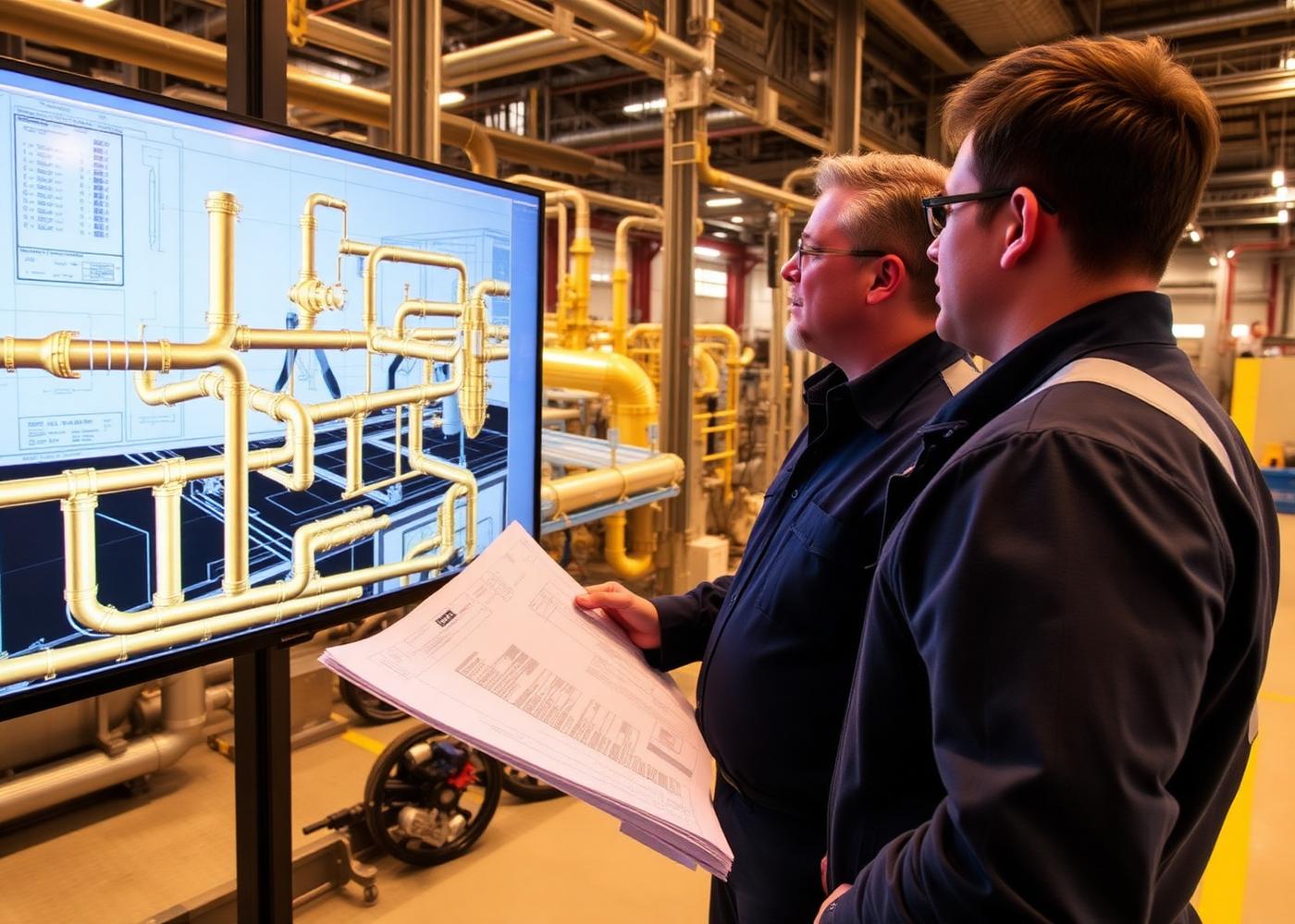 Engineers reviewing 3D piping plant designs